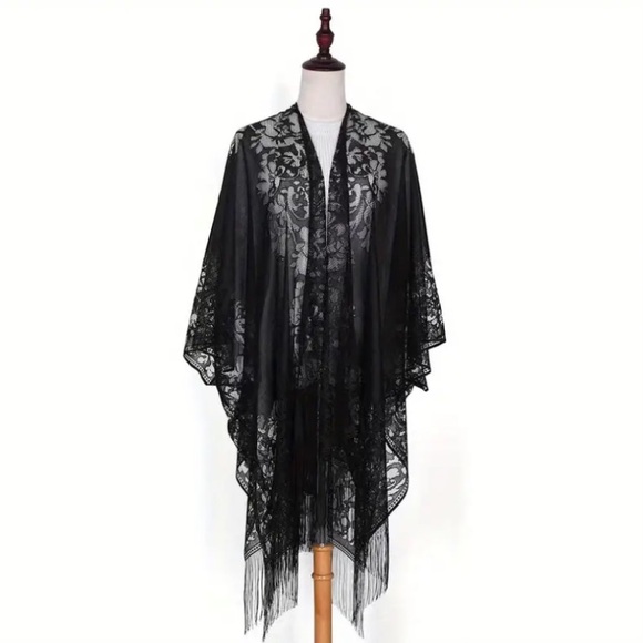 New Shawl Solid Black Tassel Embroidered Sheer Kimono Festival Beach Cover Up - Picture 5 of 13